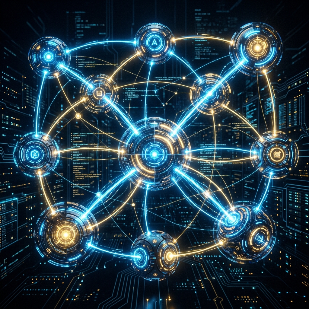 Autonome KI-Agenten als leuchtende Kugeln in einem Netzwerk