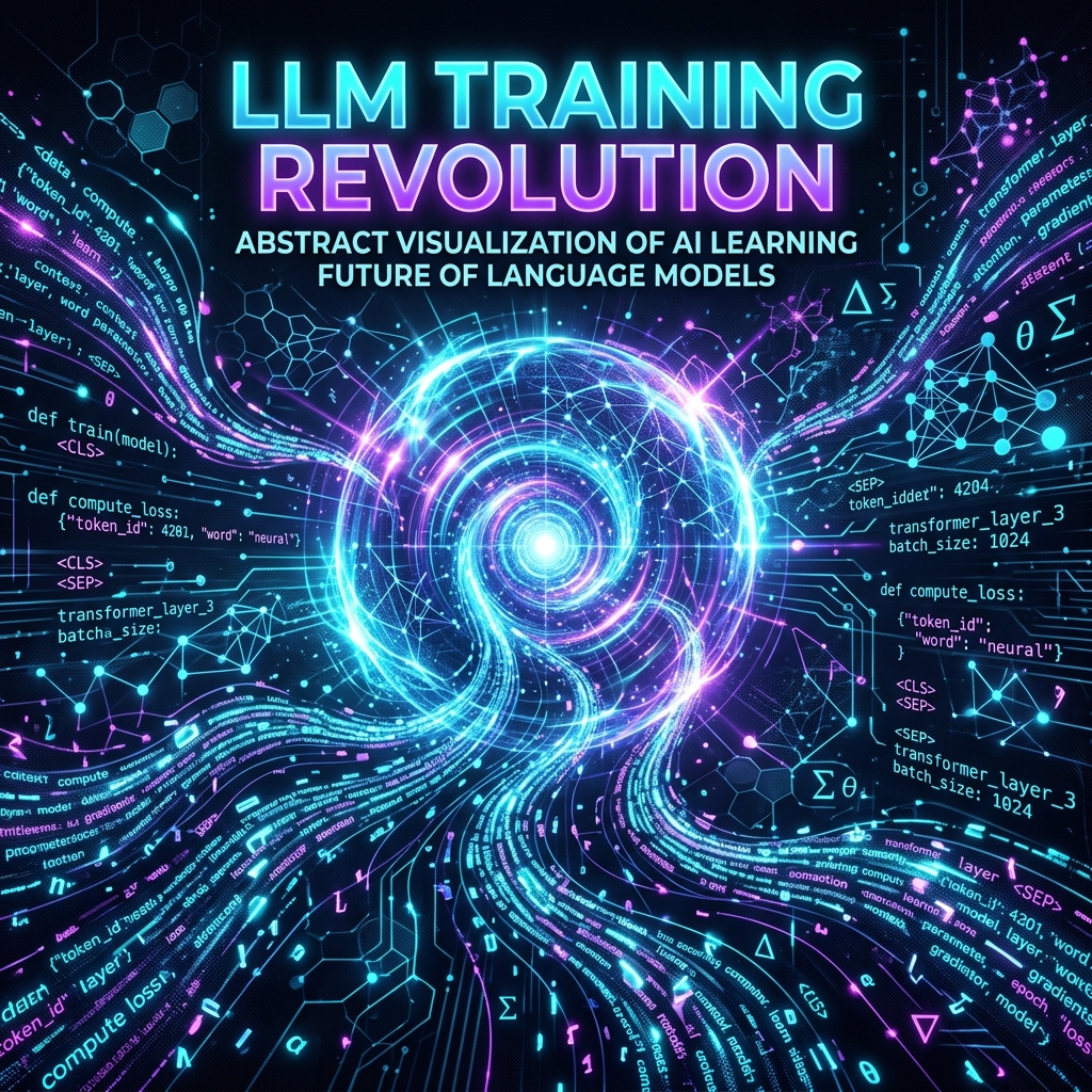 LLM Training: Datenstöme fließen in einen KI-Wirbel