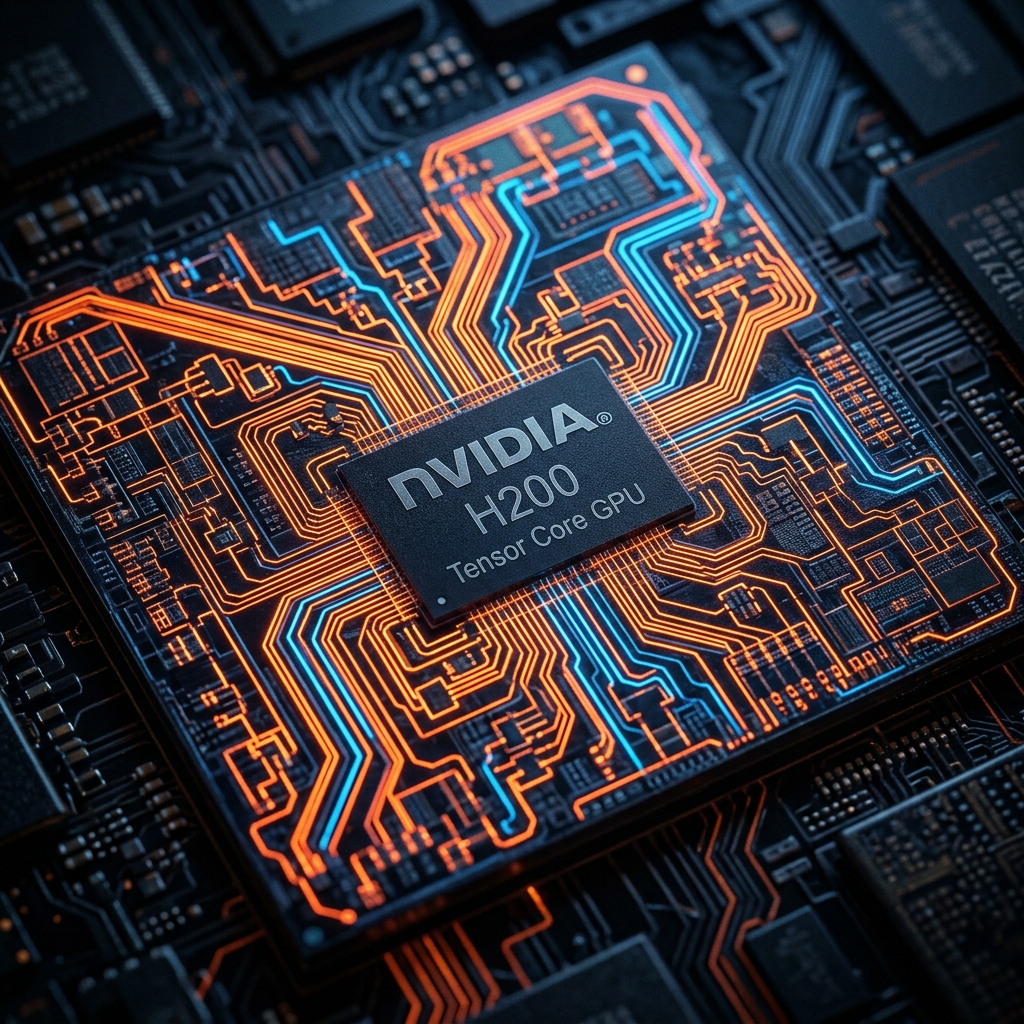 NVIDIA H200 KI-Chip mit leuchtenden Schaltkreisen
